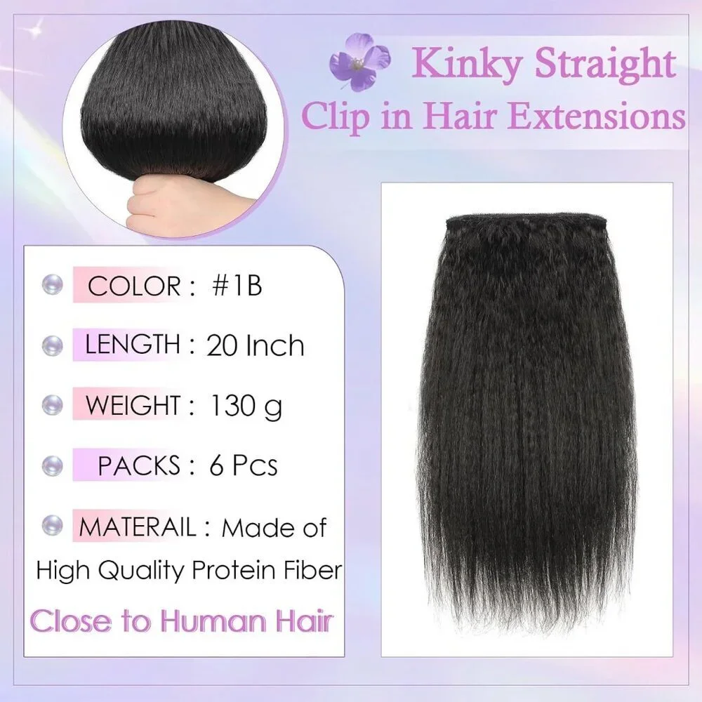 Kinky Straight Clip-In Hair Extensions Protein Fiber 20 Inch Black Women